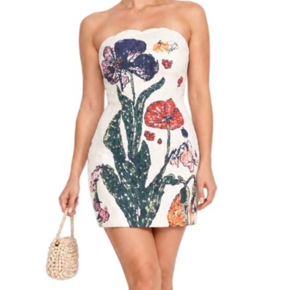 Dalia MacPhee Strapless Botanical Floral Mini Dress M Wedding Guest NWT